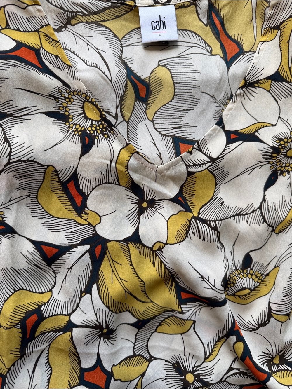 CAbi Mustard, Ivory & Navy Floral V-Neck Top